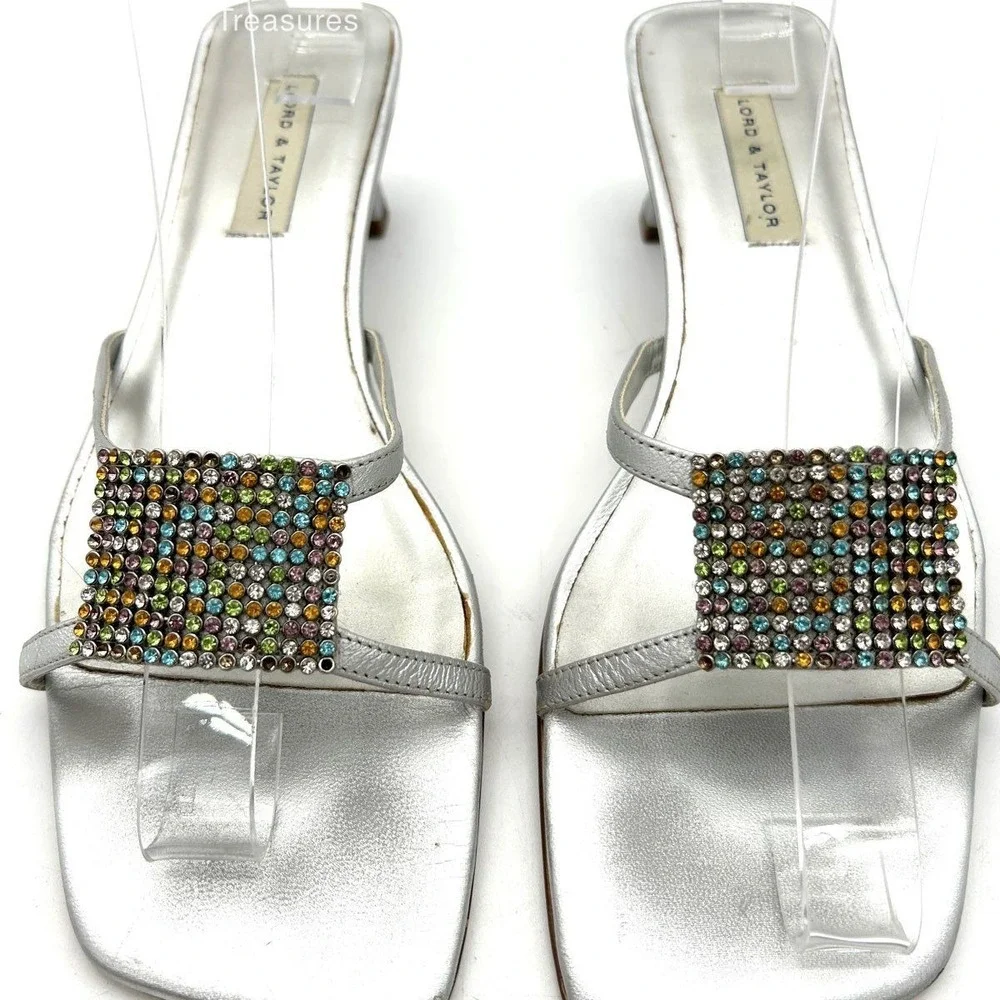 Lord & Taylor Palace Silver Rhinestone Kitten Heel Slide Sandals Size 9M
